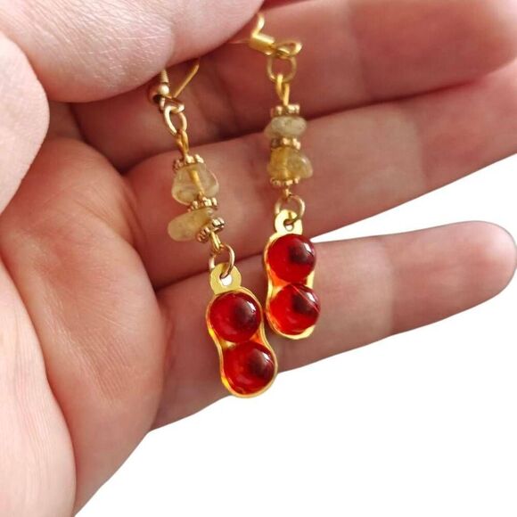 Red and Gold Peanut Stone Dangle Earrings - Picture 5 of 6